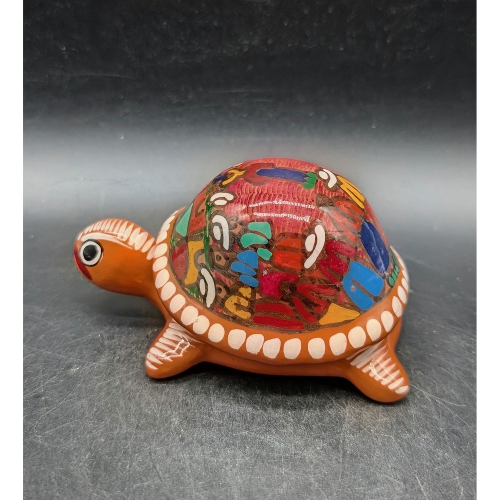 Vintage Mexican Folk Art Hand Painted Terracotta Turtle Trinket Box Orange 3"